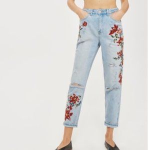 Topshop Moto MOM Embroidered Distressed Jeans